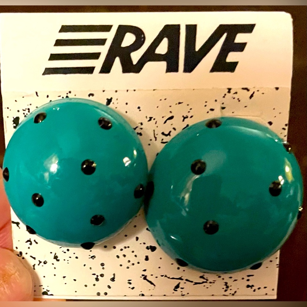 Rave Dome Earrings in Teal with Black Polka Dots
